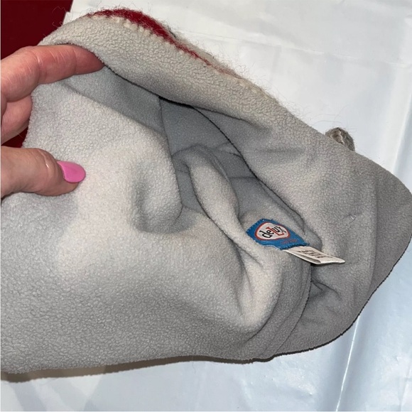 DELUX Gray monkey Face WOOL BLEND Knit Hat RED Pom On Top, Hanging Ties W/ Poms - Picture 8 of 9